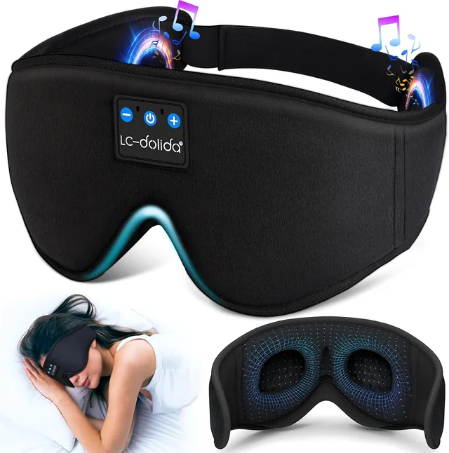 3D Bluetooth Sleep Mask: Front, eye cups and worn view
