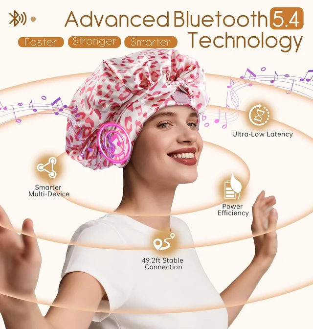 Pink Leopard Bluetooth Sleep Bonnet: Bluetooth audio controls